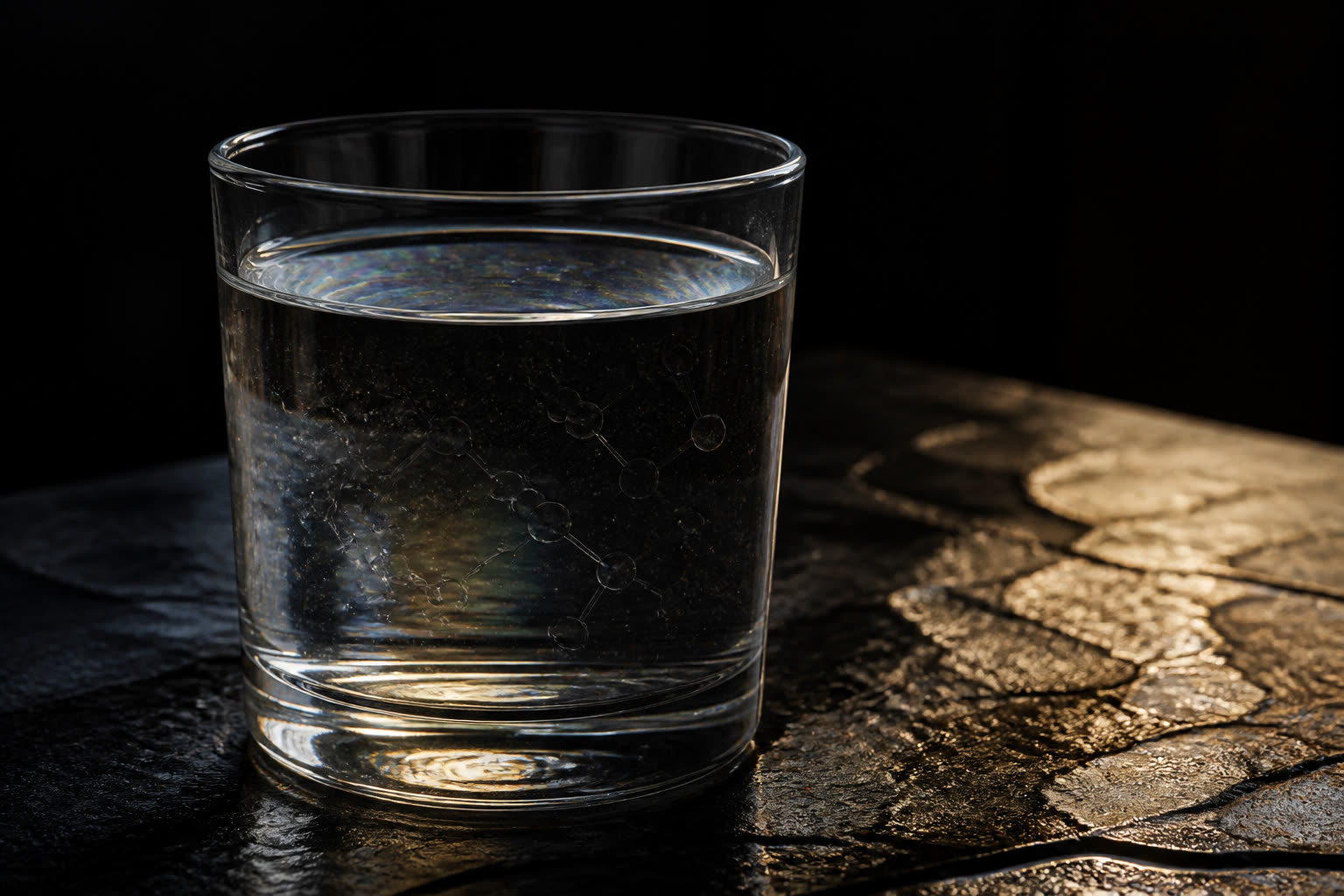 A glass of still tap water on dark stone, lit from the side.