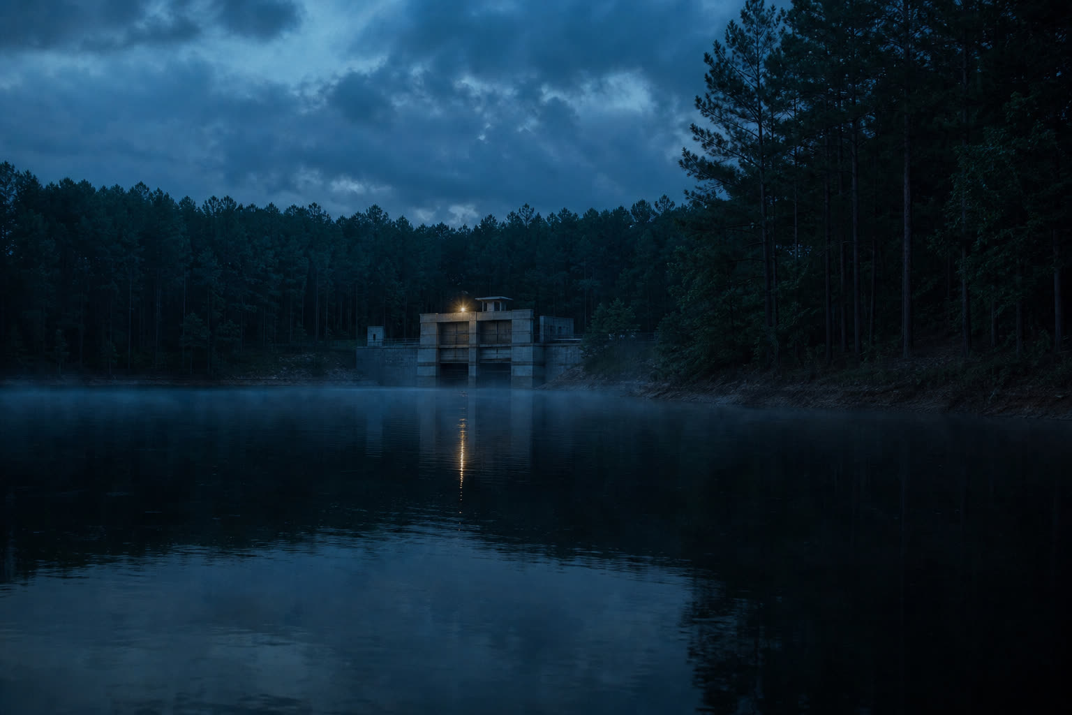 Lake Murray water intake at night: a concrete structure at the tree line, one amber light reflecting on still water.